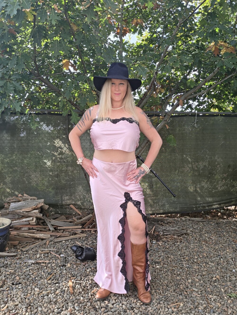 VS Pink Black Satin Lace-Trim Cropped Top & Slip Skirt Boudoir Romantic Coquette